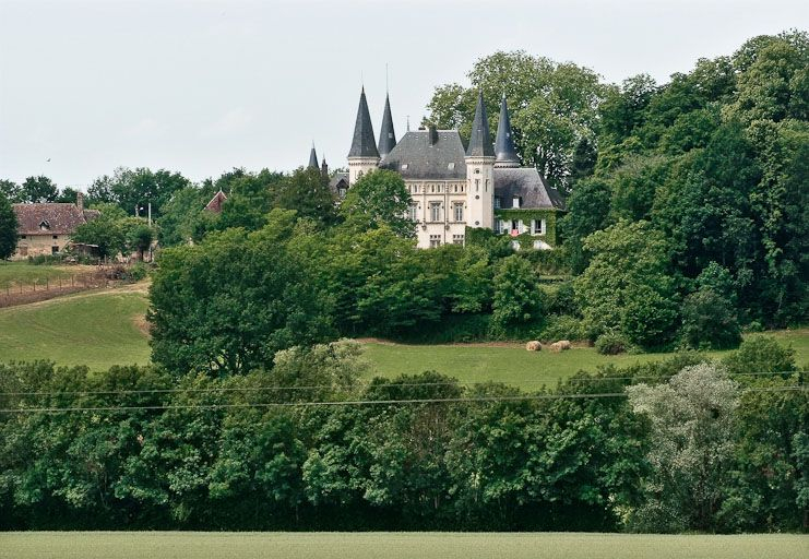 Vue d'ensemble du château de Montrevault actuel, qui est une pittoresque construction du 19e siècle, visible sur la rive droite de la Seille. Composé d'un corps de logis de plan massé flanqué de tourelles d'angles, prolongé d'un deuxième corps recta… © Jean-Luc Duthu / Région Bourgogne-Franche-Comté, Inventaire du patrimoine - 2010