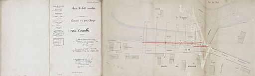 "Construction d'un port à Branges, plan d'ensemble", dessin aquarellé. Dressé par le conducteur subdivisionnaire Gardie, daté du 9 octobre 1886, visé par l'ingénieur en chef Jozon. Les noms des propriétaires riverains sont mentionnés. (Archives VNF-… © Pierre-Marie  Barbe-Richaud (reproduction) / Région Bourgogne-Franche-Comté, Inventaire du patrimoine - 2010