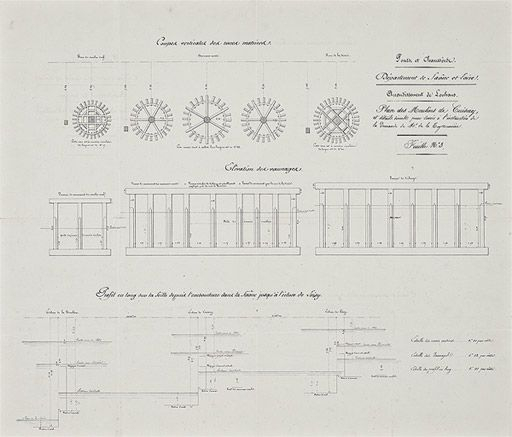 "Plan des moulins de Cuisery et détails divers pour servir à l'instruction de la demande de M. de la Teysonnière, feuille n° 3 coupes verticales des roues motrices, élévation des vannes, profil en long depuis l'embouchure dans la Saône jusqu'à l'écl… © Pierre-Marie Barbe-Richaud / Région Bourgogne-Franche-Comté, Inventaire du patrimoine - 2010