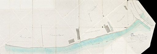"Plan du chemin de contre halage aux abords du pont de Louhans (rive droite de la Seille)", par le conducteur des Ponts et Chaussées Cueille, le 7 septembre 1856. Indique un bâtiment des Salines de Montmorot. (Dessin aquarellé, 190 x 61 cm, signé et… © Pierre-Marie  Barbe-Richaud (reproduction) / Région Bourgogne-Franche-Comté, Inventaire du patrimoine - 2010