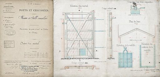 "Construction des portes d'aval de l'écluse de Cuisery : dessin d'un vantail" par Gardie, conducteur principal faisant fonction d'ingénieur ordinaire, le 28 février 1889, visé par Jozon, ingénieur en chef. (Archives VNF-direction territoriale Centre… © Pierre-Marie  Barbe-Richaud (reproduction) / Région Bourgogne-Franche-Comté, Inventaire du patrimoine - 2010