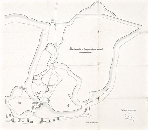 "Plan du moulin de Branges et de ses abords", par l'ingénieur ordinaire Lacroix, le 15 novembre 1842. Dans le dossier du moulin de Cuisery. (Archives VNF-direction territoriale Centre-Bourgogne ; subdivision de Montceau-les-Mines) © Pierre-Marie Barbe-Richaud / Région Bourgogne-Franche-Comté, Inventaire du patrimoine - 2010