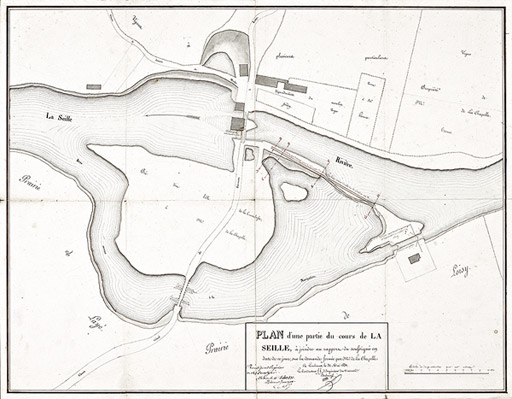 "Plan d'une partie du cours de la Seille, à joindre au rapport du soussigné en date de ce jour, sur la demande formée par M. de la Chapelle", par le conducteur faisant fonction d'ingénieur principal du 2e arrondissement Boulmicot, le 30 mai 1831. Il… © Pierre-Marie Barbe-Richaud / Région Bourgogne-Franche-Comté, Inventaire du patrimoine - 2010
