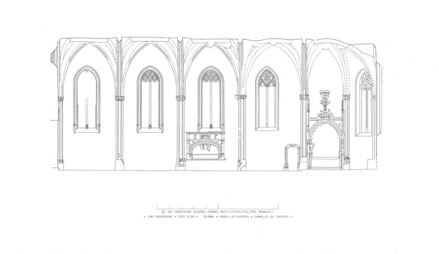 Coupe longitudinale. © Alain Morelière, Philippe Manucci, A.P.A.I.G (Atelier de photogrammétrie architecturale de l'Inventaire général) / Région Bourgogne-Franche-Comté, Inventaire du patrimoine - 2012