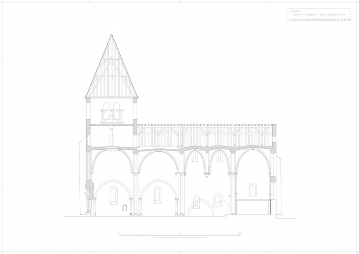 Coupe longitudinale A-A'. © Alain Morelière / Région Bourgogne-Franche-Comté, Inventaire du patrimoine - 2012