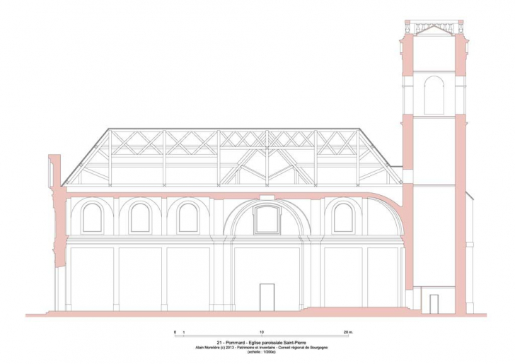 Coupe longitudinale schématique de l'église. © Alain Morelière / Région Bourgogne-Franche-Comté, Inventaire du patrimoine - 2013