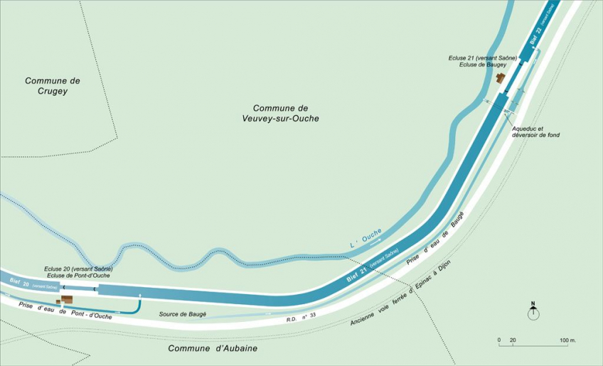 Plan schématique des biefs 21 et 22 du versant Saône. © Alain Morelière / Région Bourgogne-Franche-Comté, Inventaire du patrimoine - 2013