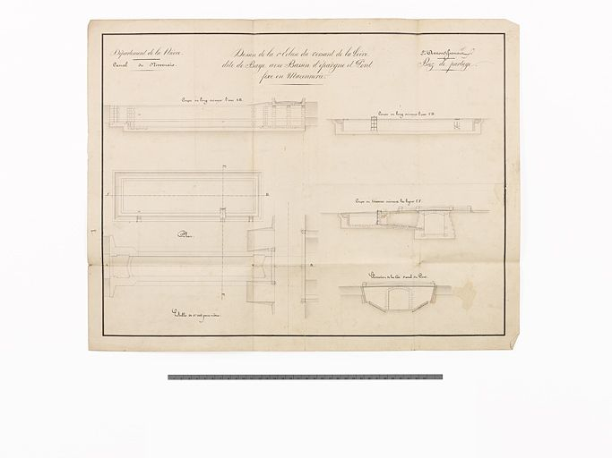 "Dessin de la 1ère Ecluse du versant de la Loire dite de Baye avec Bassin d'épargne et Pont fixe en Maçonnerie". Coupe, plan et élévation. (VNF-direction territoriale Centre-Bourgogne ; subdivision de Corbigny) © Thierry  Kuntz (reproduction) / Région Bourgogne-Franche-Comté, Inventaire du patrimoine - 2013