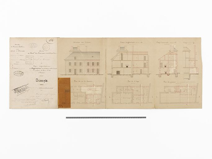 "Projet d'agrandissement du Logement du Conducteur subdivisionnaire à l'Ecluse de Loire n°35 à Decize". Plan, coupe et élévation. (Dessin ; 63 x 31 cm ; 1874, Archives VNF-direction territoriale Centre-Bourgogne ; subdivision de Corbigny) © Thierry  Kuntz (reproduction) / Région Bourgogne-Franche-Comté, Inventaire du patrimoine - 2013