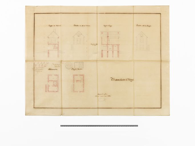 "Maison éclusière de Mingot". Plan, coupe et élévation. (Calque ; 64,5 x 50, Archives VNF-direction territoriale Centre-Bourgogne ; subdivision de Corbigny) © Thierry  Kuntz (reproduction) / Région Bourgogne-Franche-Comté, Inventaire du patrimoine - 2013