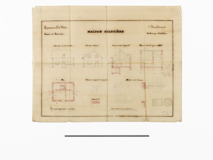 "Maison éclusière de Bernay à Châtillon". Plan, coupe et élévation et détail de la lucarne. (Archives VNF-direction territoriale Centre-Bourgogne ; subdivision de Corbigny) © Thierry  Kuntz (reproduction) / Région Bourgogne-Franche-Comté, Inventaire du patrimoine - 2013