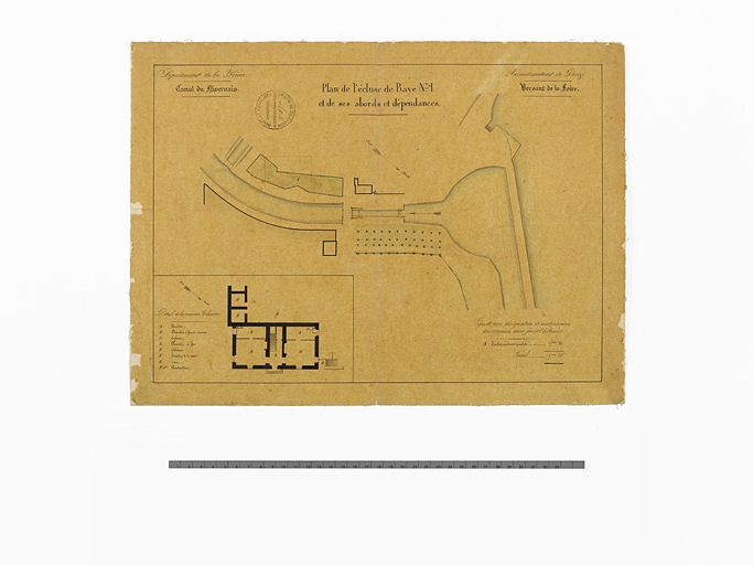 "Plan de l'écluse de Baye n°1 et de ses abords et dépendances". Plan général du site d'écluse et détail de la maison éclusière. (Plan aquarellé ; 41,5 x 30,5 cm, Archives VNF-direction territoriale Centre-Bourgogne ; subdivision de Corbigny) © Thierry  Kuntz (reproduction) / Région Bourgogne-Franche-Comté, Inventaire du patrimoine - 2013