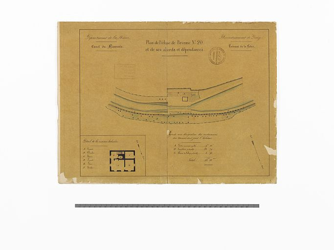 Plan de l'écluse de Brienne n°20 et de ses abords et dépendances". Plan général du site d'écluse et détail de la maison éclusière. (Plan aquarellé ; 40 x 31 cm, VNF-direction territoriale Centre-Bourgogne ; subdivision de Corbigny) © Thierry  Kuntz (reproduction) / Région Bourgogne-Franche-Comté, Inventaire du patrimoine - 2013