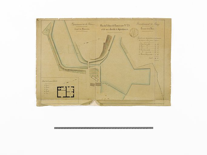 "Plan de l'écluse de Panneceau n°25 et de ses abords et dépendances". Plan général du site d'écluse et détail de la maison éclusière. (Plan aquarellé ; 47,5 x 31,5 cm, Archives VNF-direction territoriale Centre-Bourgogne ; subdivision de Corbigny) © Thierry  Kuntz (reproduction) / Région Bourgogne-Franche-Comté, Inventaire du patrimoine - 2013
