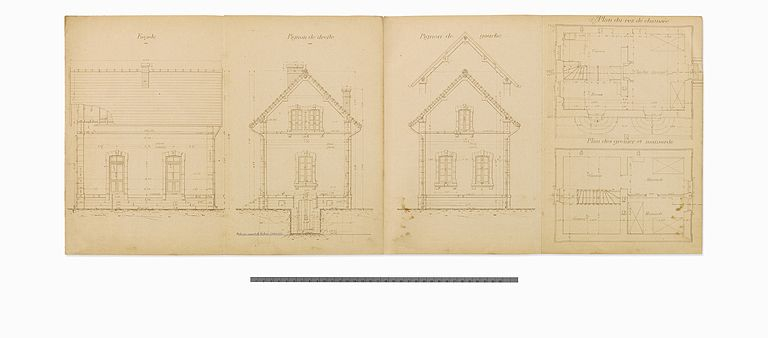 "Type de maison éclusière". Plans et élévations. Détail de 4 planches. Il s'agit vraisemblablement de la maison de type Panneçot. (Archives VNF-direction territoriale Centre-Bourgogne ; subdivision de Corbigny) © Thierry  Kuntz (reproduction) / Région Bourgogne-Franche-Comté, Inventaire du patrimoine - 2013