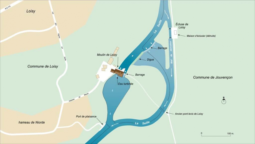 Plan schématique du site de l'écluse de Loisy, des barrages, du pont et du moulin de Loisy. © Alain Morelière / Région Bourgogne-Franche-Comté, Inventaire du patrimoine - 2013