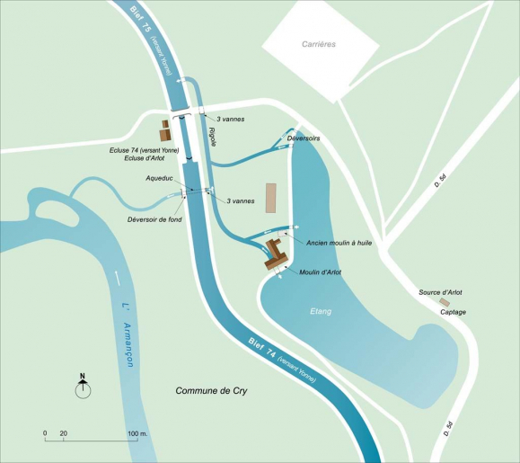 Plan schématique du réseau hydraulique aux biefs 74 et 75 du versant Yonne et du moulin d'Arlot. © Alain Morelière / Région Bourgogne-Franche-Comté, Inventaire du patrimoine - 2013