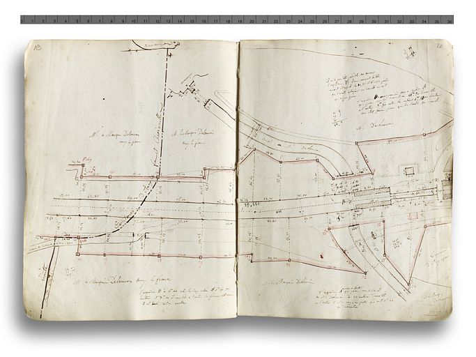 Pages 19 et 20 du 2ème cahier de "Bornage définitif du Canal Depuis la limite des Territoires de Ravières et Chassignelles jusqu'à la limite des Territoires de Pacy et Lezinnes". Détail du site d'écluse. © Thierry  Kuntz (reproduction) / Région Bourgogne-Franche-Comté, Inventaire du patrimoine - 2013