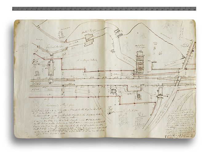Pages 21 et 22 du 2ème cahier de "Bornage définitif du Canal Depuis la limite des Territoires de Ravières et Chassignelles jusqu'à la limite des Territoires de Pacy et Lezinnes". Détail de la prise d'eau et du moulin. 1838. (Archives VNF-direction t… © Thierry  Kuntz (reproduction) / Région Bourgogne-Franche-Comté, Inventaire du patrimoine - 2013
