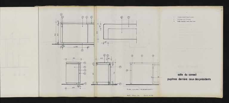 Carnet de détails et principes - salle du conseil : deuxième rangée de pupitres de la tribune, plan, coupe et élévations, 6 novembre 1978. (Archives départementales de la Côte-d'Or, Dijon, 32 J 106) © Petot Frédéric (reproduction) / CD21/F.PETOT/2014 - 2014 Carnet de détails et principes - salle du conseil : deuxième rangée de pupitres de la tribune, plan, coupe et élévations, 6 novembre 1978. (Archives départementales de la Côte-d'Or, Dijon, 32 J 106) © Petot Frédéric (reproduction) / CD21/F.PETOT/2014 - 2014