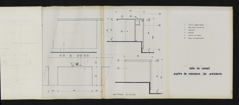 Carnet de détails et principes - salle du conseil :  pupitre des présidents, plan, coupe, élévations, 3 janvier 1979. Boyer, Michel (architecte d'intérieur) (Archives départementales de la Côte-d'Or, Dijon, 32 J 106) © Petot Frédéric (reproduction) / CD21/F.PETOT/2014 - 2014 Carnet de détails et principes - salle du conseil :  pupitre des présidents, plan, coupe, élévations, 3 janvier 1979. Boyer, Michel (architecte d'intérieur) (Archives départementales de la Côte-d'Or, Dijon, 32 J 106) © Petot Frédéric (reproduction) / CD21/F.PETOT/2014 - 2014