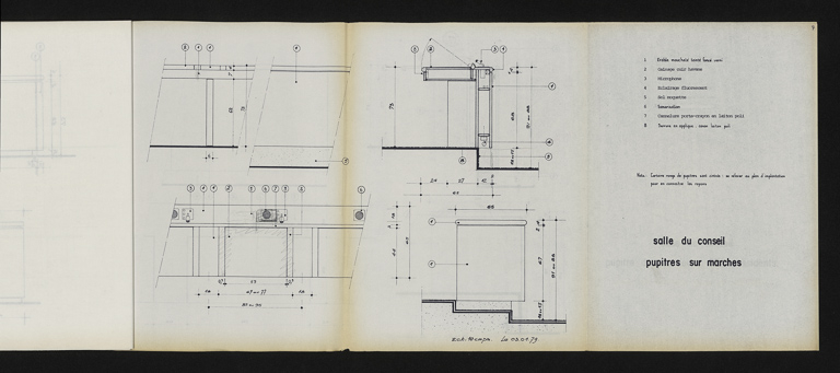 Carnet de détails et principes - salle du conseil : pupitres sur marche, 3 janvier 1979. Boyer, Michel (architecte d'intérieur) (Archives départementales de la Côte-d'Or, Dijon, 32 J 106) © Petot Frédéric (reproduction) / CD21/F.PETOT/2014 - 2014 Carnet de détails et principes - salle du conseil : pupitres sur marche, 3 janvier 1979. Boyer, Michel (architecte d'intérieur) (Archives départementales de la Côte-d'Or, Dijon, 32 J 106) © Petot Frédéric (reproduction) / CD21/F.PETOT/2014 - 2014