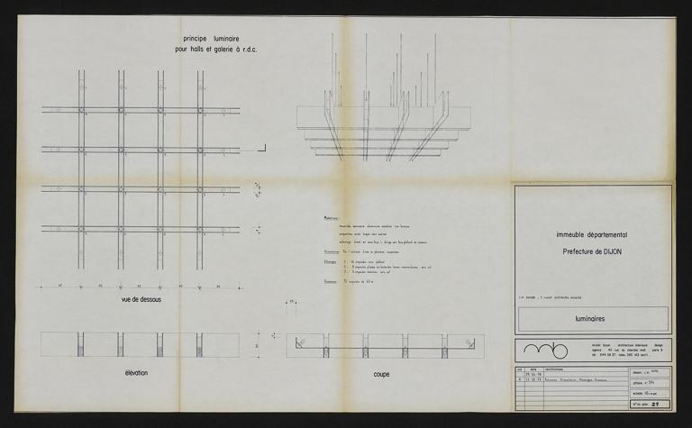 Elévation perspective, plan et coupe des luminaires, 15 février 1979. Boyer, Michel (architecte d'intérieur) (Archives départementales de la Côte-d'Or, Dijon, 32 J 106) © Petot Frédéric (reproduction) / CD21/F.PETOT/2014 - 2014 Elévation perspective, plan et coupe des luminaires, 15 février 1979. Boyer, Michel (architecte d'intérieur) (Archives départementales de la Côte-d'Or, Dijon, 32 J 106) © Petot Frédéric (reproduction) / CD21/F.PETOT/2014 - 2014
