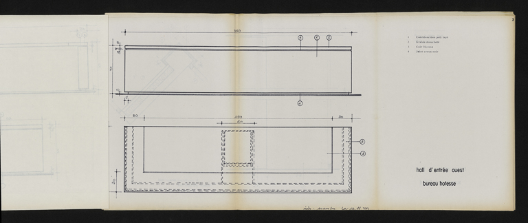 Carnet de détails et principes - hall d'entrée ouest : bureau des hôtesses, plan et élévation, 13 novembre 1978. Boyer, Michel (architecte d'intérieur) (Archives départementales de la Côte-d'Or, Dijon, 32 J 106) © Petot Frédéric (reproduction) / CD21/F.PETOT/2014 - 2014 Carnet de détails et principes - hall d'entrée ouest : bureau des hôtesses, plan et élévation, 13 novembre 1978. Boyer, Michel (architecte d'intérieur) (Archives départementales de la Côte-d'Or, Dijon, 32 J 106) © Petot Frédéric (reproduction) / CD21/F.PETOT/2014 - 2014