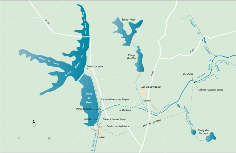 Carte schématique du bief de partage et des étangs-réservoirs qui l'alimentent. © Alain Morelière / Région Bourgogne-Franche-Comté, Inventaire du patrimoine - 2014