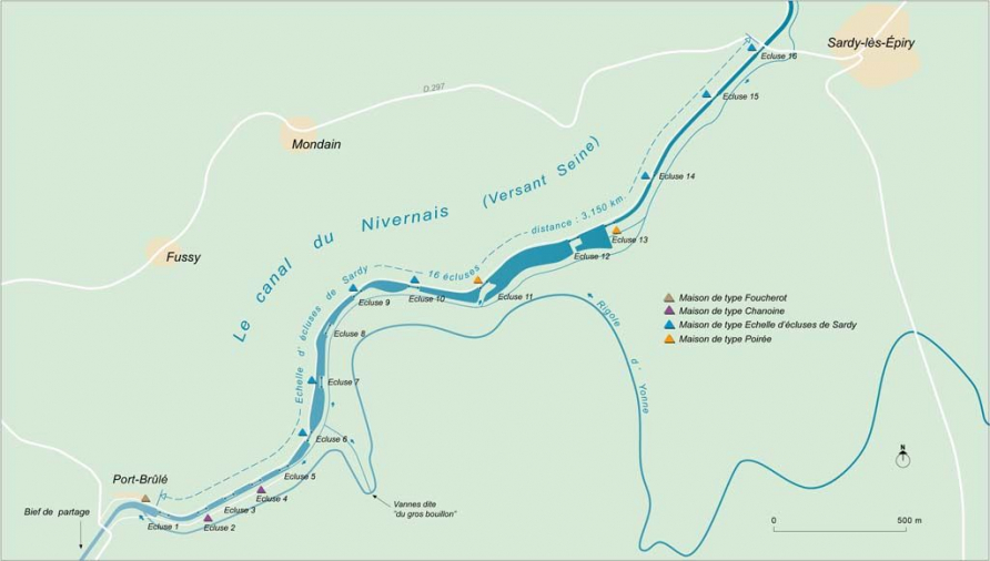 Carte schématique de l'échelle d'écluses de Sardy. © Alain Morelière / Région Bourgogne-Franche-Comté, Inventaire du patrimoine - 2014