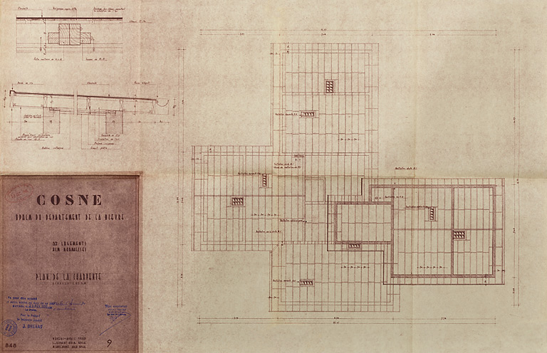 Opération de 32 logements, plan de la charpente, L. Robert et M. Guillaume, avril 1955. (Archives municipales Cosne-Cours-sur-Loire, 200 W 16 - PC 722) © Thierry  Kuntz (reproduction) / Région Bourgogne-Franche-Comté, Inventaire du patrimoine - 2014