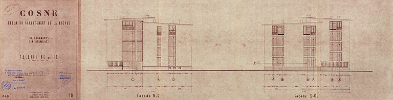 Opération de 32 logements, élévations des façades nord-est et sud-ouest, L. Robert et M. Guillaume, avril 1955. (Archives municipales Cosne-Cours-sur-Loire, 200 W 16 - PC 722) © Thierry  Kuntz (reproduction) / Région Bourgogne-Franche-Comté, Inventaire du patrimoine - 2014