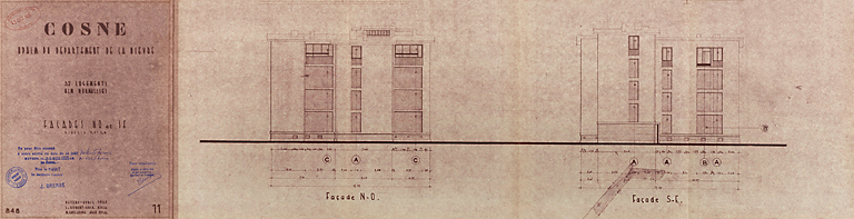 Opération de 32 logements, élévations des façades nord-ouest et sud-est, L. Robert et M. Guillaume, avril 1955. (Archives municipales Cosne-Cours-sur-Loire, 200 W 16 - PC 722) © Thierry  Kuntz (reproduction) / Région Bourgogne-Franche-Comté, Inventaire du patrimoine - 2014