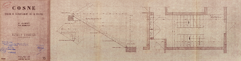 Opération de 32 logements, plans de détails des escaliers, L. Robert et M. Guillaume, avril 1955. (Archives municipales Cosne-Cours-sur-Loire, 200 W 16 - PC 722) © Thierry  Kuntz (reproduction) / Région Bourgogne-Franche-Comté, Inventaire du patrimoine - 2014