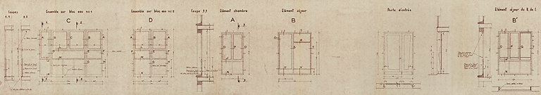 Opération de 32 logements, plans et élévations de détails des mesnuiseries, L. Robert et M. Guillaume, avril 1955. (Archives municipales Cosne-Cours-sur-Loire, 200 W 16 - PC 722) © Thierry  Kuntz (reproduction) / Région Bourgogne-Franche-Comté, Inventaire du patrimoine - 2014