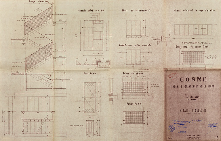 Opération de 32 logements, plans et élévations de détails de serrurerie, L. Robert et M. Guillaume, avril 1955. (Archives municipales Cosne-Cours-sur-Loire, 200 W 16 - PC 722) © Thierry  Kuntz (reproduction) / Région Bourgogne-Franche-Comté, Inventaire du patrimoine - 2014