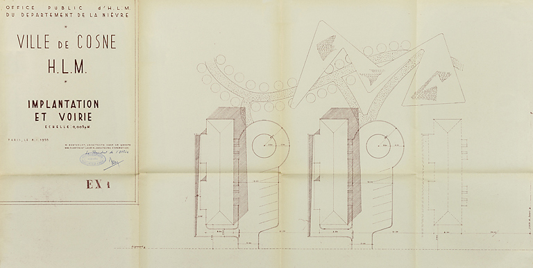 Ensemble de logements Cité Binot, plan d'implantation et de voirie, Berthelot, Charton, Louria, janvier 1955. (Archives municipales Cosne-Cours-sur-Loire, 200 W 5 - PC 238) © Thierry  Kuntz (reproduction) / Région Bourgogne-Franche-Comté, Inventaire du patrimoine - 2014