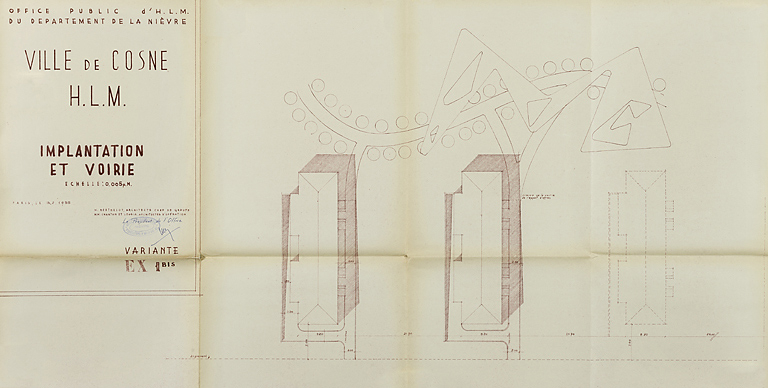 Ensemble de logements Cité Binot, plan d'implantation et de voirie, variante,  Berthelot, Charton, Louria, janvier 1955. (Archives municipales Cosne-Cours-sur-Loire, 200 W 5 - PC 238) © Thierry  Kuntz (reproduction) / Région Bourgogne-Franche-Comté, Inventaire du patrimoine - 2014
