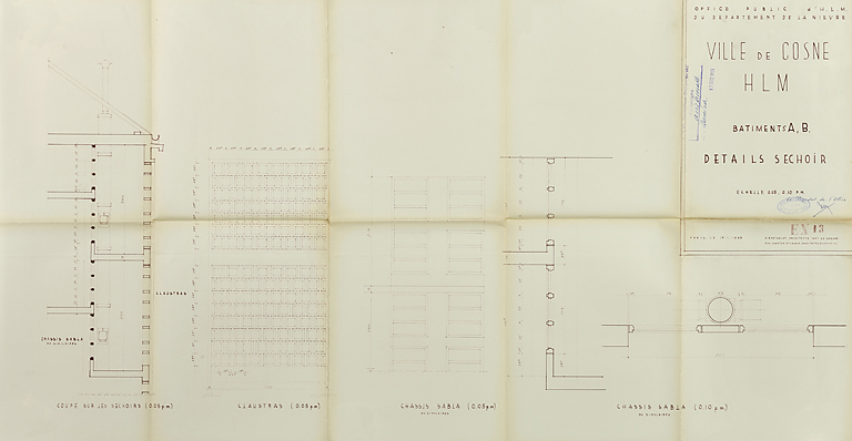 Ensemble de logements Cité Binot, détails des séchoirs, plans, élévation et coupes,  Berthelot, Charton, Louria, janvier 1955. (Archives municipales Cosne-Cours-sur-Loire, 200 W 5 - PC 238) © Thierry  Kuntz (reproduction) / Région Bourgogne-Franche-Comté, Inventaire du patrimoine - 2014