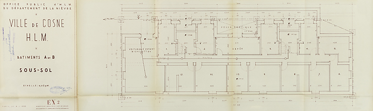 Ensemble de logements Cité Binot, bâtiments A et B, plan du sous-sol, Berthelot, Charton, Louria, janvier 1955. (Archives municipales Cosne-Cours-sur-Loire, 200 W 5 - PC 238) © Thierry  Kuntz (reproduction) / Région Bourgogne-Franche-Comté, Inventaire du patrimoine - 2014