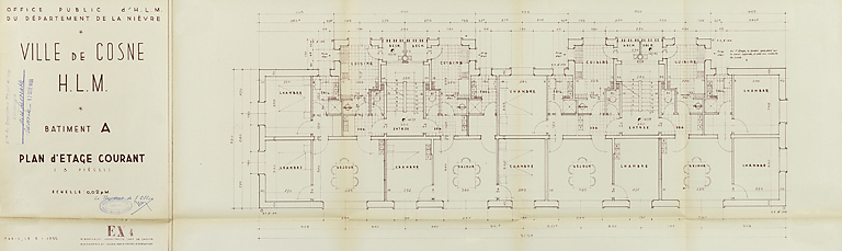 Ensemble de logements Cité Binot, bâtiment A, plan d'étage courant, Berthelot, Charton, Louria, janvier 1955. (Archives municipales Cosne-Cours-sur-Loire, 200 W 5 - PC 238) © Thierry  Kuntz (reproduction) / Région Bourgogne-Franche-Comté, Inventaire du patrimoine - 2014