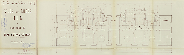 Ensemble de logements Cité Binot, bâtiment B, plan d'étage courant, Berthelot, Charton, Louria, janvier 1955. (Archives municipales Cosne-Cours-sur-Loire, 200 W 5 - PC 238) © Thierry  Kuntz (reproduction) / Région Bourgogne-Franche-Comté, Inventaire du patrimoine - 2014