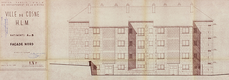 Ensemble de logements Cité Binot, bâtiments A et B, élévation de la façade postérieure nord, Berthelot, Charton, Louria, janvier 1955. (Archives municipales Cosne-Cours-sur-Loire, 200 W 5 - PC 238) © Thierry  Kuntz (reproduction) / Région Bourgogne-Franche-Comté, Inventaire du patrimoine - 2014