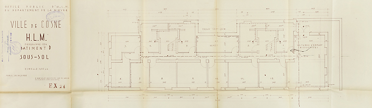 Ensemble de logements Cité Binot, bâtiment D, plan du sous-sol, Berthelot, Charton, Louria, mars 1956. (Archives municipales Cosne-Cours-sur-Loire, 200 W 5 - PC 274) © Thierry  Kuntz (reproduction) / Région Bourgogne-Franche-Comté, Inventaire du patrimoine - 2014