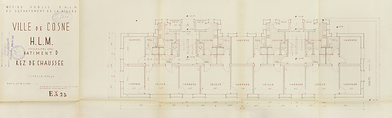 Ensemble de logements Cité Binot, bâtiment D, plan du rez-de-chaussée, Berthelot, Charton, Louria, mars 1956. (Archives municipales Cosne-Cours-sur-Loire, 200 W 5 - PC 274) © Thierry  Kuntz (reproduction) / Région Bourgogne-Franche-Comté, Inventaire du patrimoine - 2014
