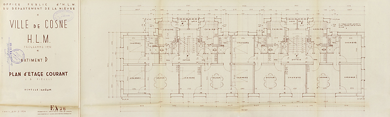 Ensemble de logements Cité Binot, bâtiment D, plan d'étage courant, Berthelot, Charton, Louria, mars 1956. (Archives municipales Cosne-Cours-sur-Loire, 200 W 5 - PC 274) © Thierry  Kuntz (reproduction) / Région Bourgogne-Franche-Comté, Inventaire du patrimoine - 2014