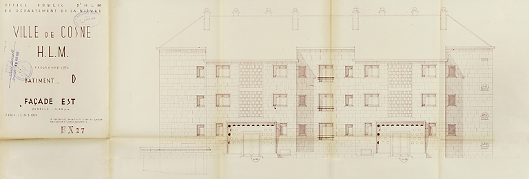 Ensemble de logements Cité Binot, bâtiment D, élévation de la façade antérieure est, Berthelot, Charton, Louria, mars 1956. (Archives municipales Cosne-Cours-sur-Loire, 200 W 5 - PC 274) © Thierry  Kuntz (reproduction) / Région Bourgogne-Franche-Comté, Inventaire du patrimoine - 2014