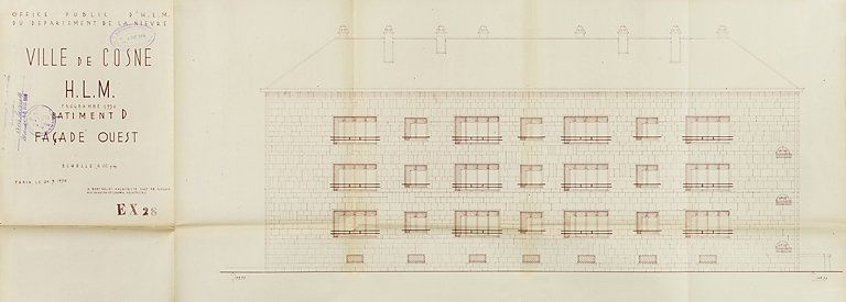 Ensemble de logements Cité Binot, bâtiment D, élévation de la façade postérieure ouest, Berthelot, Charton, Louria, mars 1956. (Archives municipales Cosne-Cours-sur-Loire, 200 W 5 - PC 274) © Thierry  Kuntz (reproduction) / Région Bourgogne-Franche-Comté, Inventaire du patrimoine - 2014