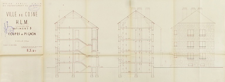 Ensemble de logements Cité Binot, bâtiment D, élévation de la façade latérale et coupes, Berthelot, Charton, Louria, mars 1956. (Archives municipales Cosne-Cours-sur-Loire, 200 W 5 - PC 274) © Thierry  Kuntz (reproduction) / Région Bourgogne-Franche-Comté, Inventaire du patrimoine - 2014