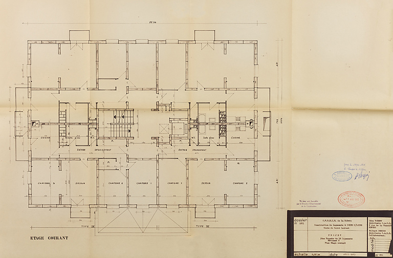 Bâtiment A à K : troisième tranche de 52 logements, bâtiment G, plan d'étage courant ; L. Robert, G. Denise, avril 1965. (Archives municipales Cosne-Cours-sur-Loire, 200 W 20 - PC 821) © Thierry  Kuntz (reproduction) / Région Bourgogne-Franche-Comté, Inventaire du patrimoine - 2014
